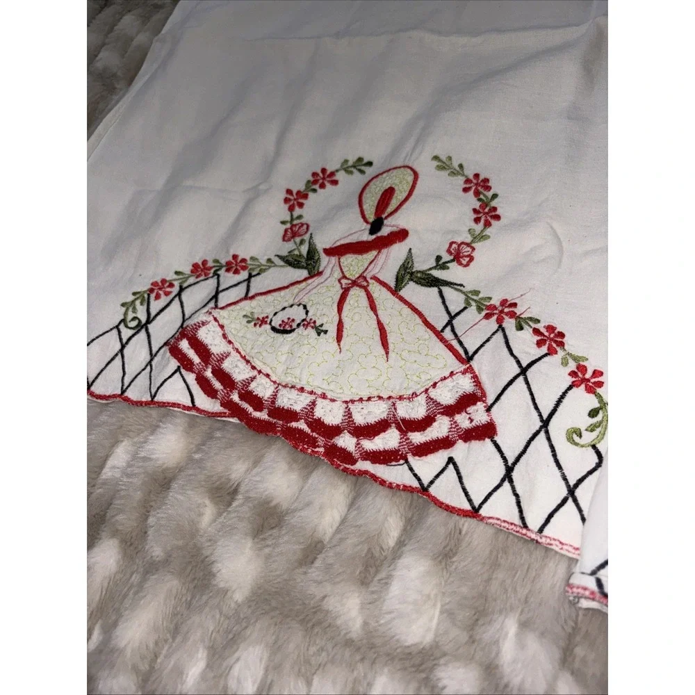 2 Vintage Southern Belle Hand Embroidered Crocheted Red Pillowcases Cottagecore